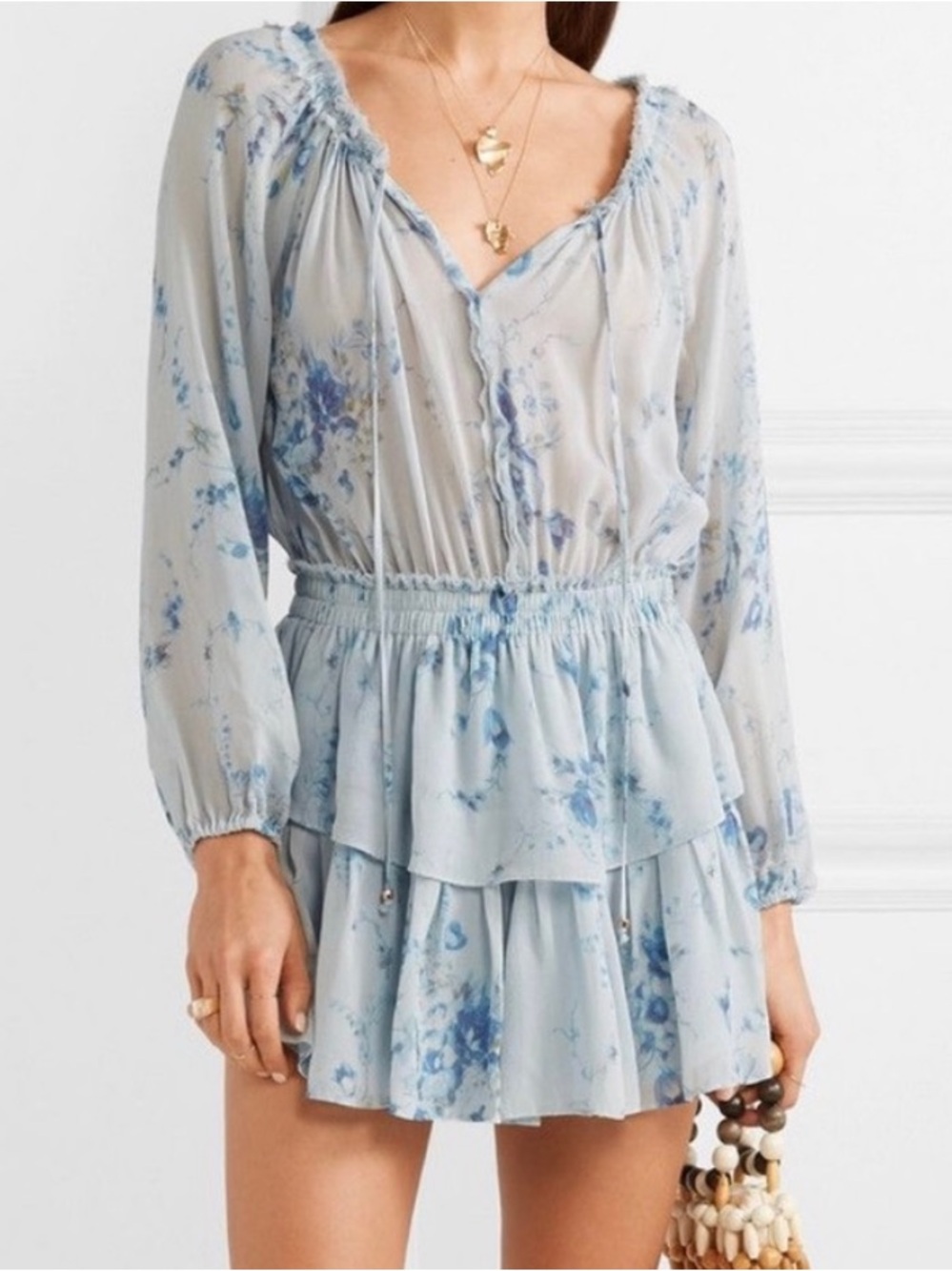 LoveShackFancy Pale Blue Floral Ruffle Mini Dress